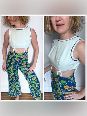60s/70s Blue Sunflower Print O-Ring Cut-Out Jumpsuit! Size xs/xxs